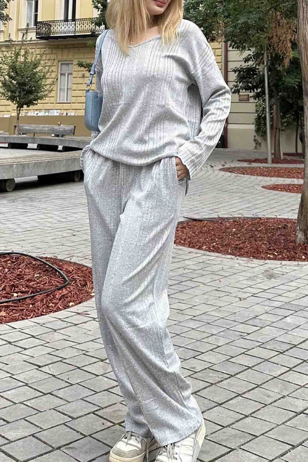 V Neck Ribbed Long Sleeve Two-piece Set