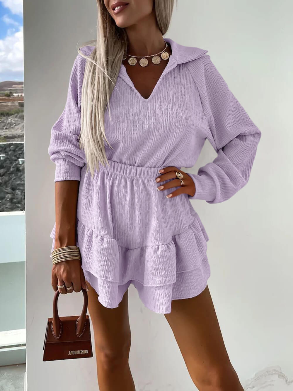 V-neck Shirt and Flared Skort Two-piece Set