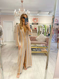 V Neck Bell Sleeve Wavy Striped Crochet Beach Vacation Maxi Dress - Pink