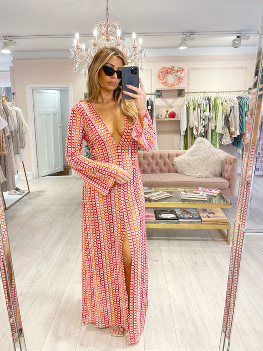 V Neck Bell Sleeve Wavy Striped Crochet Beach Vacation Maxi Dress - Red