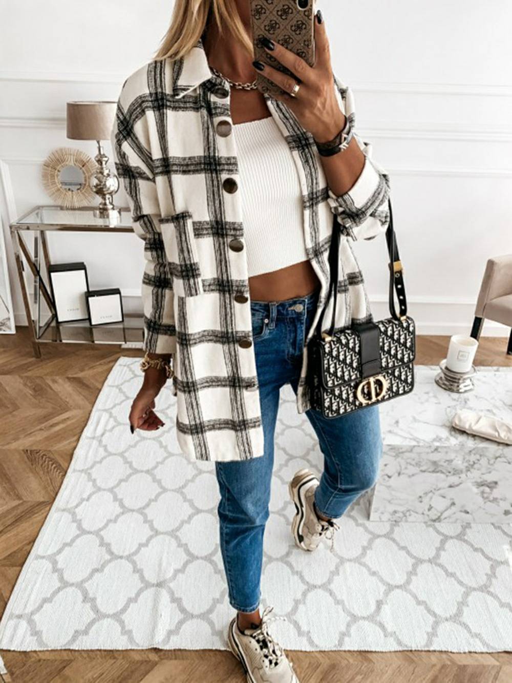 Plaid Brushed Wool Cardigan Jacket
