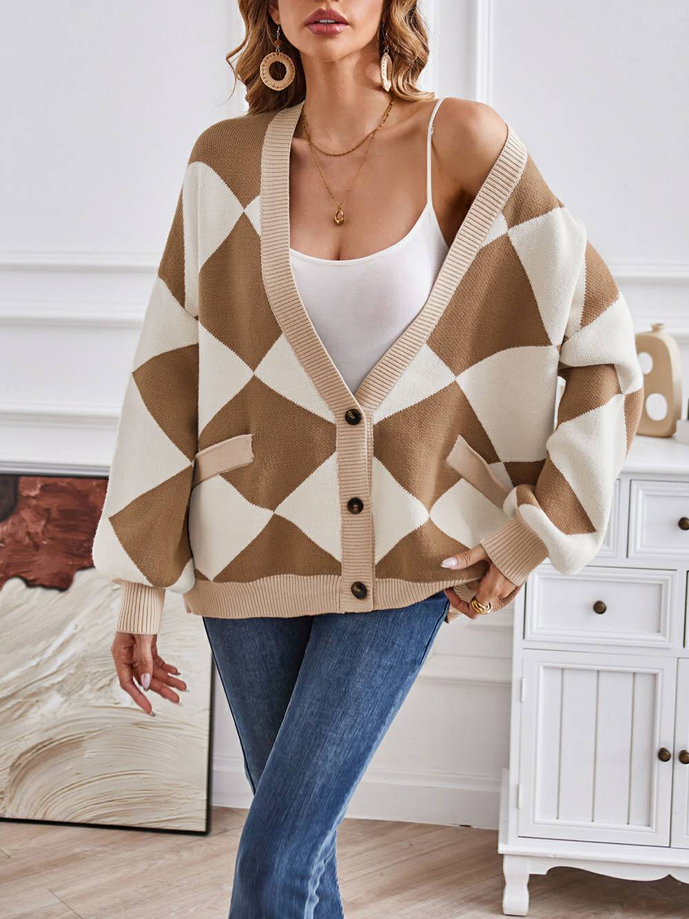 V-neck Geometric Color Block Knit Cardigan