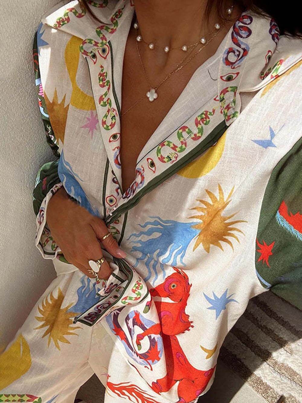 Printed Long Sleeve Shirt and Loose Pants Set