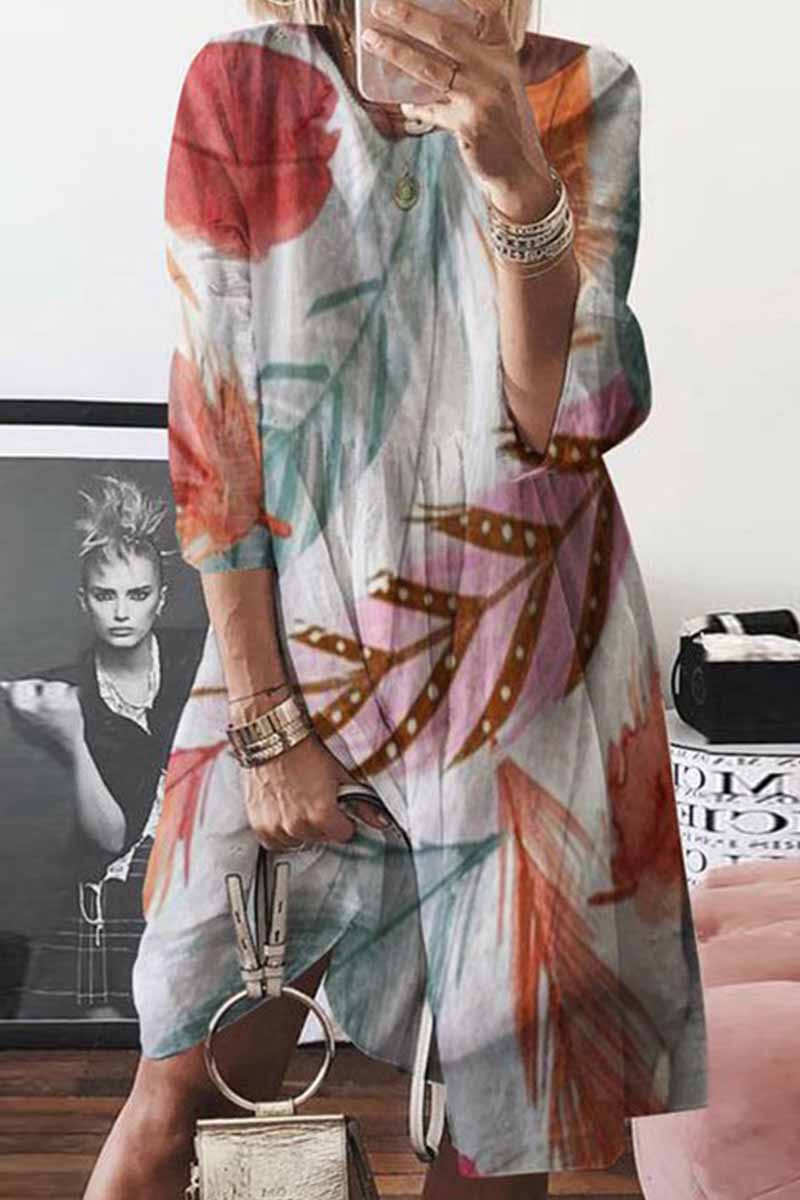 Printed O-neck Linen Dress