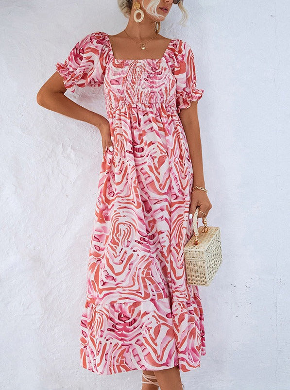 Smocked Print Off the Shoulder Midi Dress