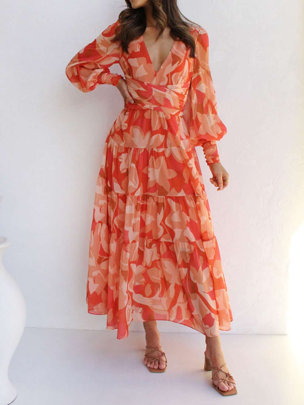 Long-sleeved V-neck Swing Midi Dress