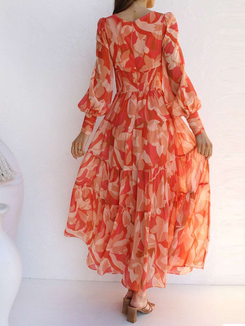 Long-sleeved V-neck Swing Midi Dress