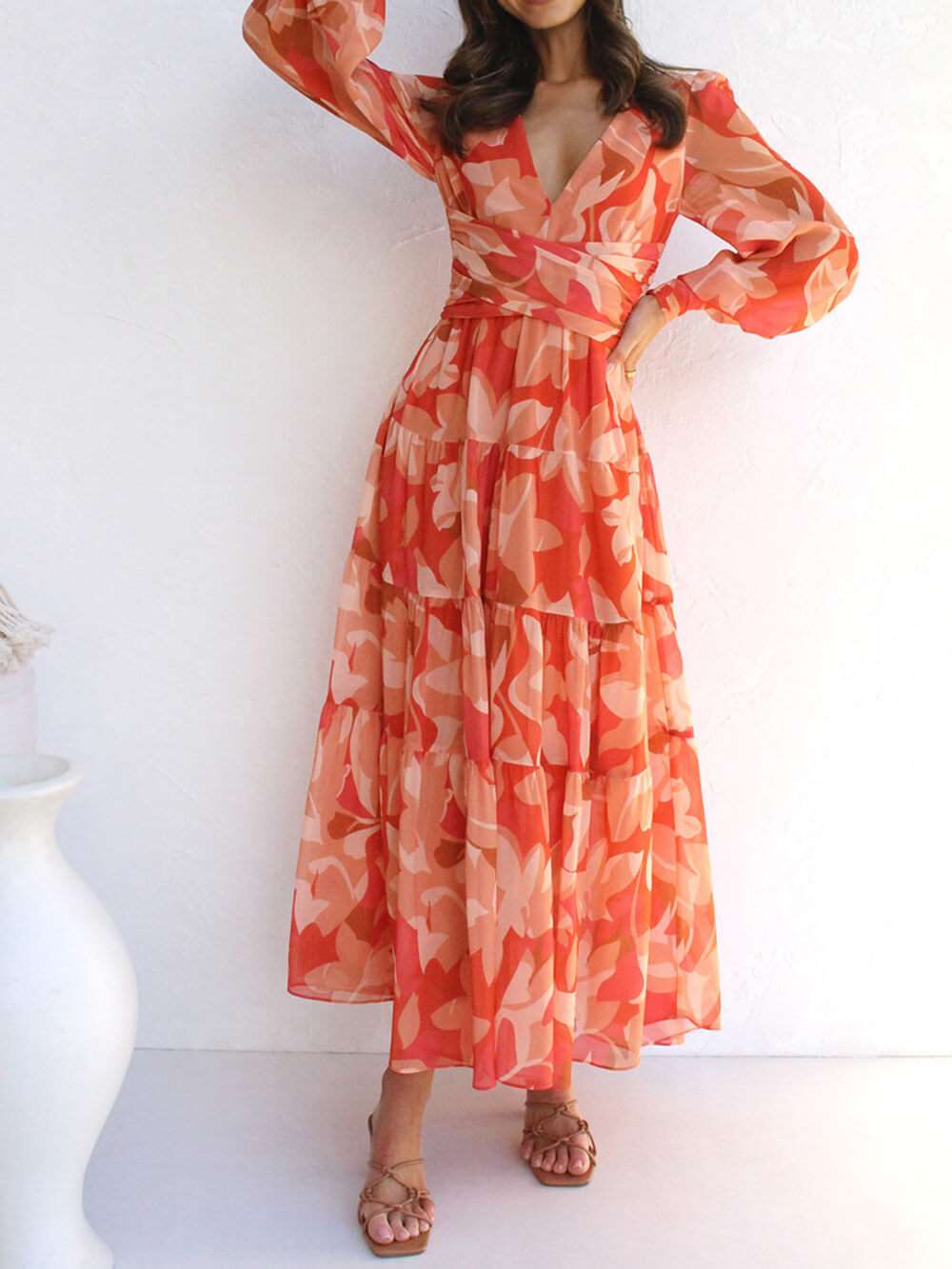 Long-sleeved V-neck Swing Midi Dress