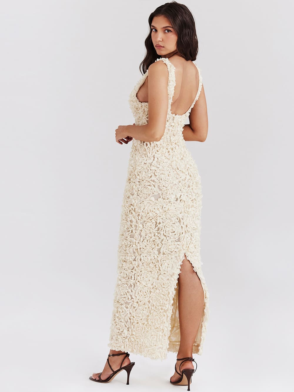 Creme Plunge Appliqué Maxi Dress-carena