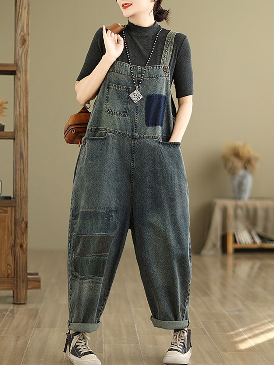 Retro Patchwork Loose Washed Denim Jumpsuits Ah1080