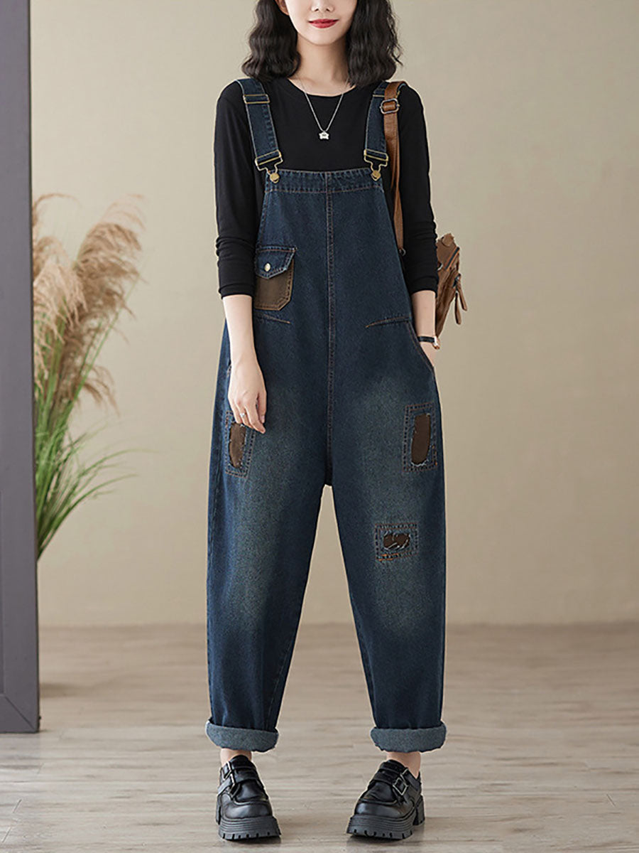 Autumn Retro Patchwork Denim Pocket Jumpsuits Ai1048