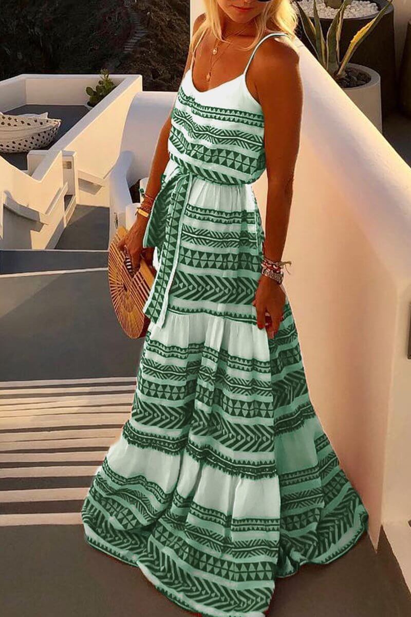 Geometric Printed Loose Ankle Maxi Dress(4 Colors)