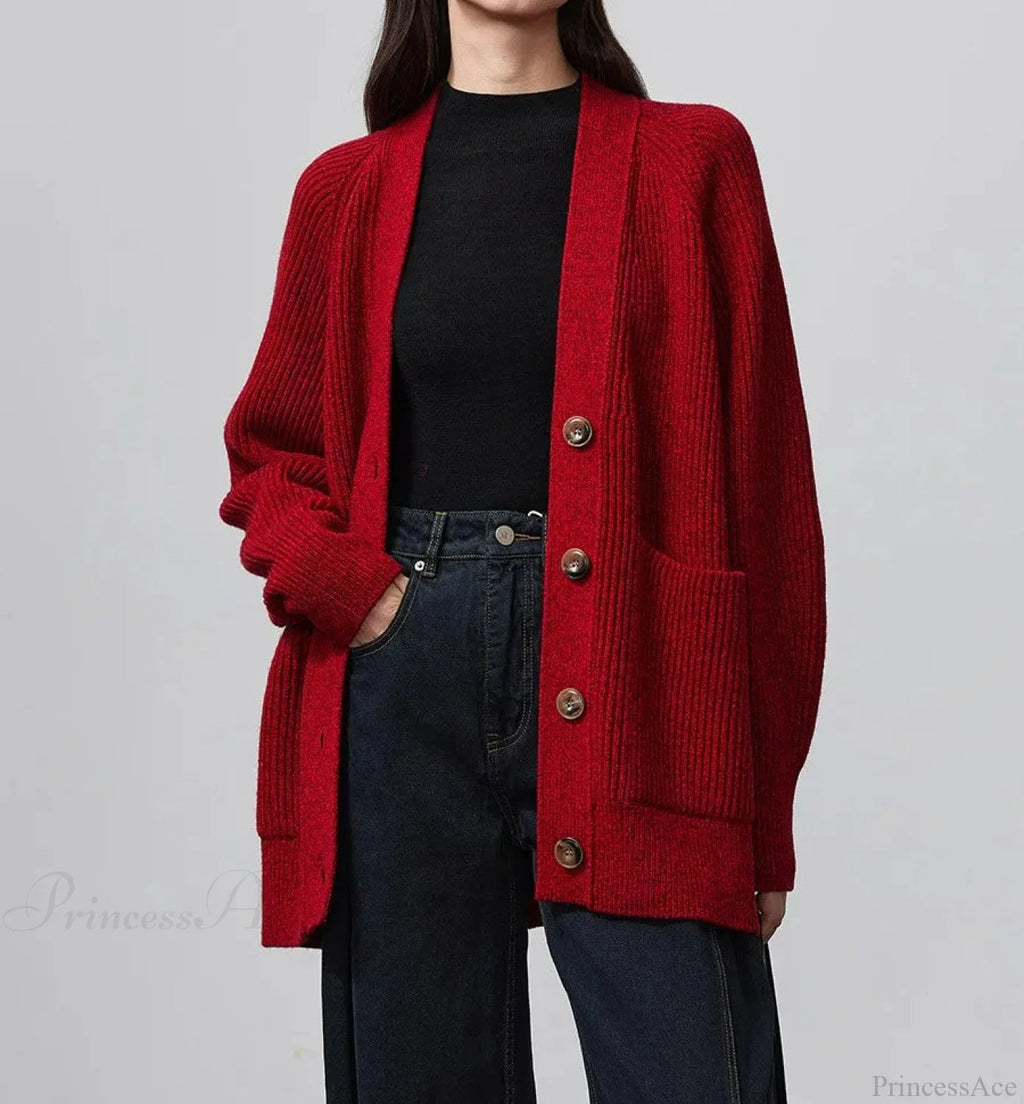 100% Merino Wool V-neck Thicken Cardigan