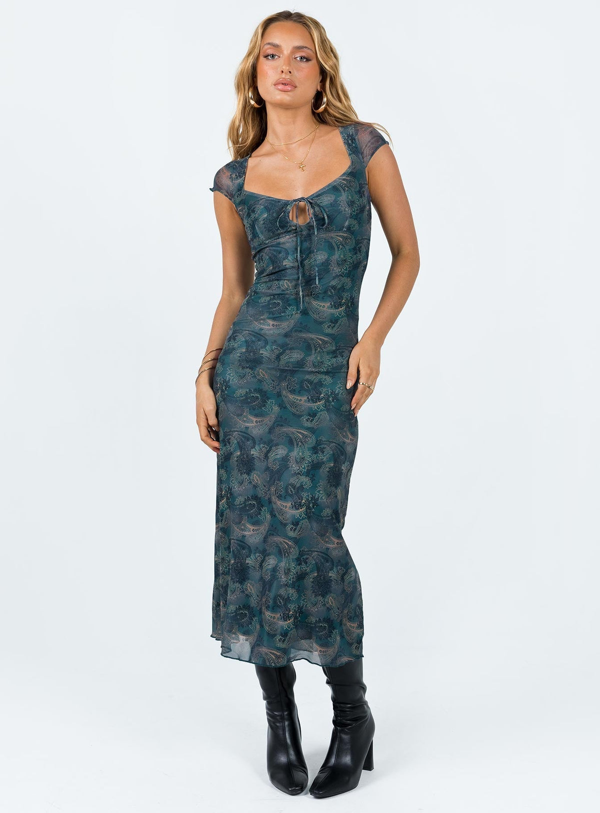 Square Collar Lace Up Slim Midi Dress