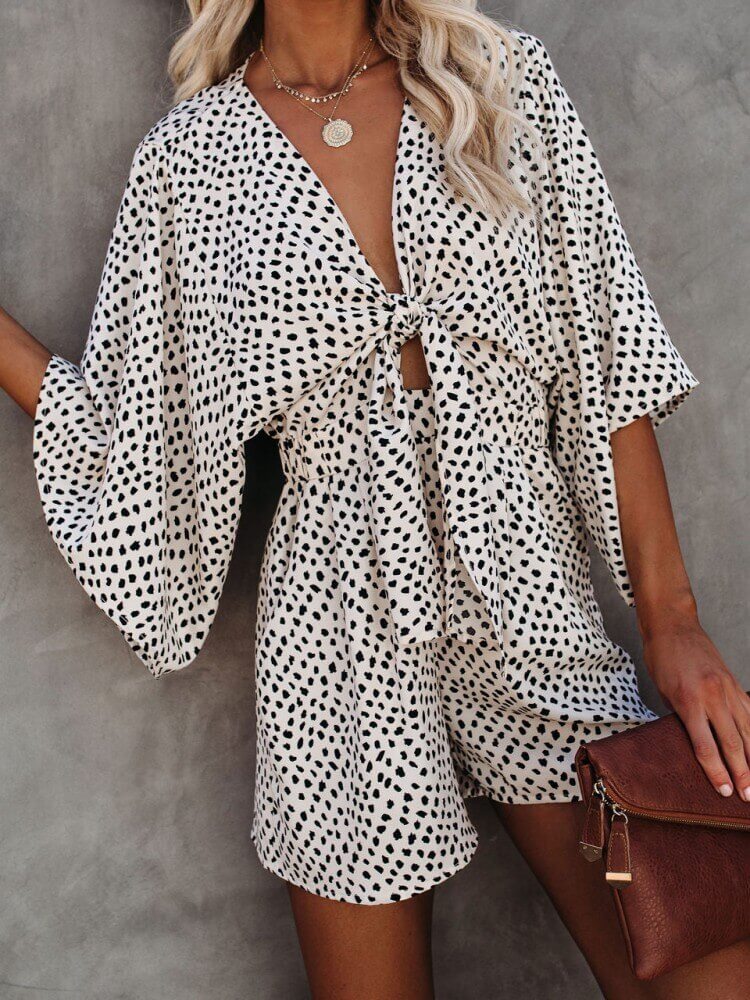 V-neck Polka Dots Printed Pocketed Tie Romper
