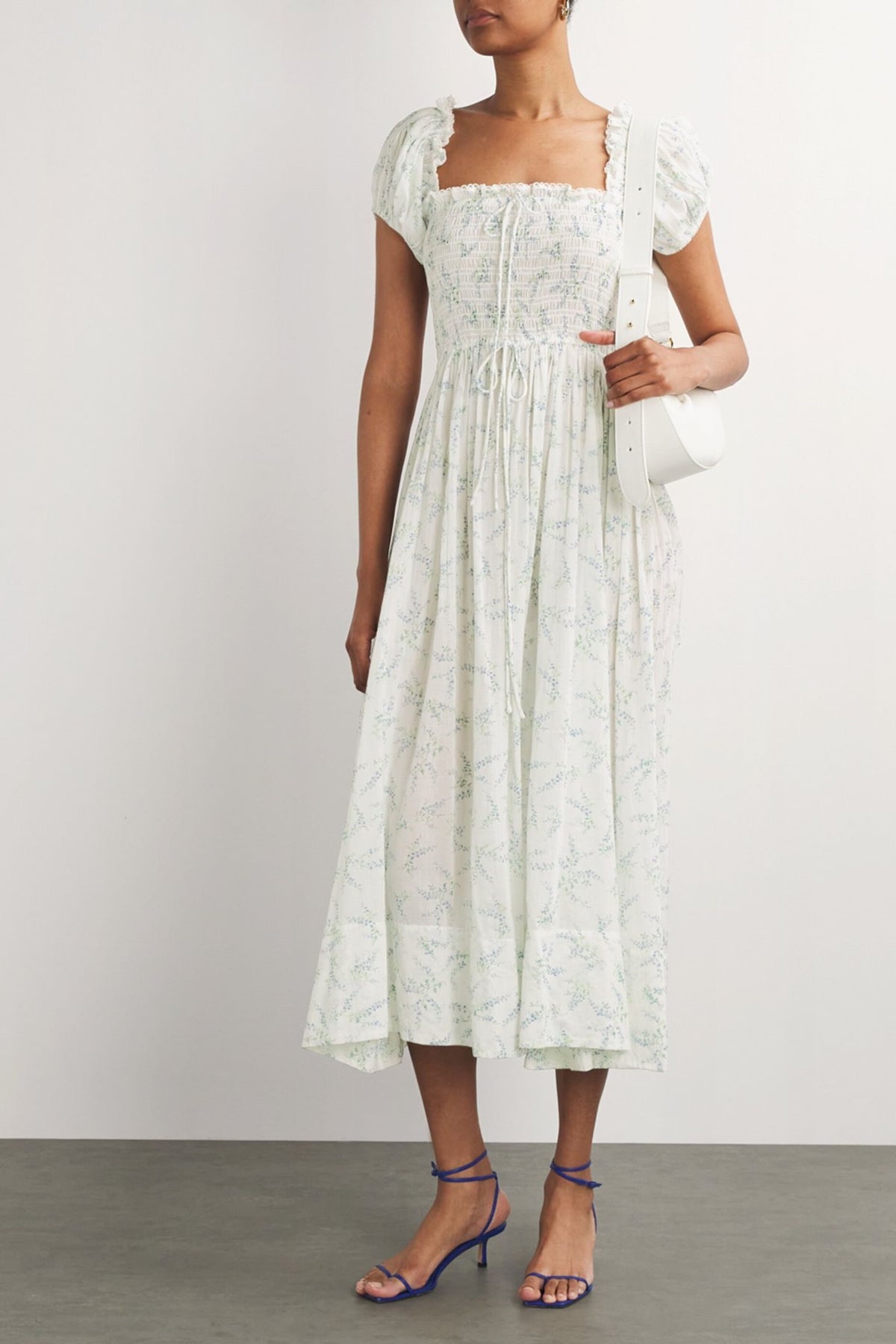 Smocking Puff-sleeve Midi Dress