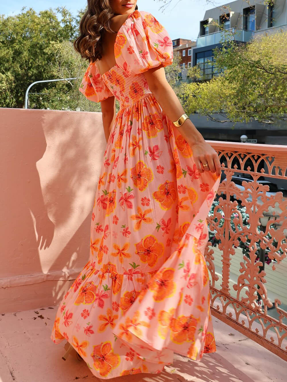 Print Puff Sleeve Back Smocked Pocket Maxi Dress