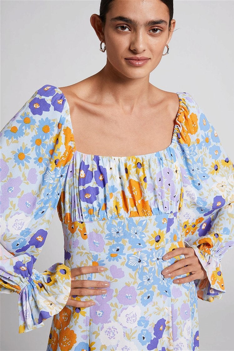 Puff-sleeve Split Midi Dress