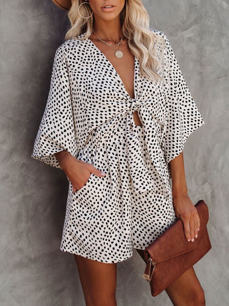 V-neck Polka Dots Printed Pocketed Tie Romper
