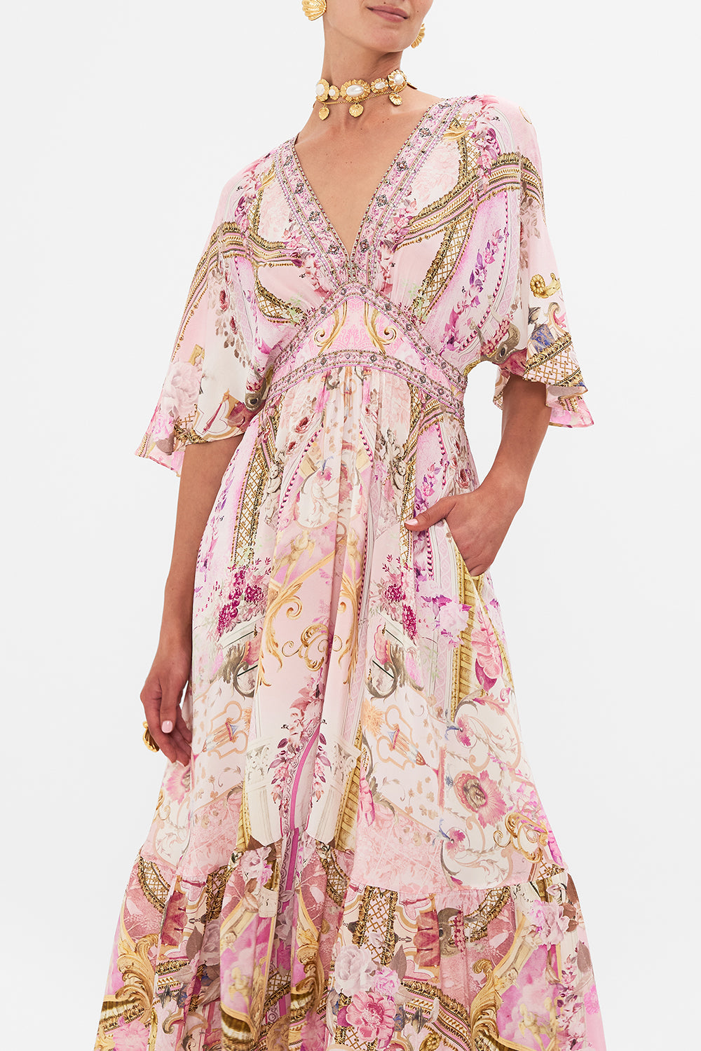 Palace Print Rhinestone V-neck Midi Dress