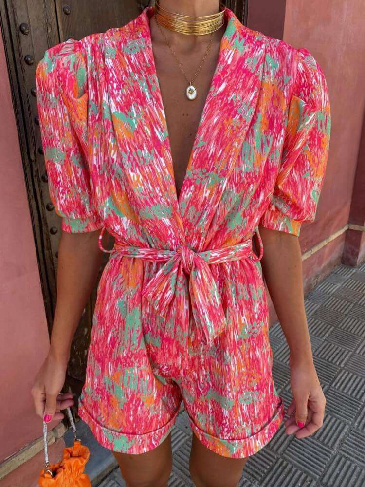 Candy Puff Sleeves Romper in Pink