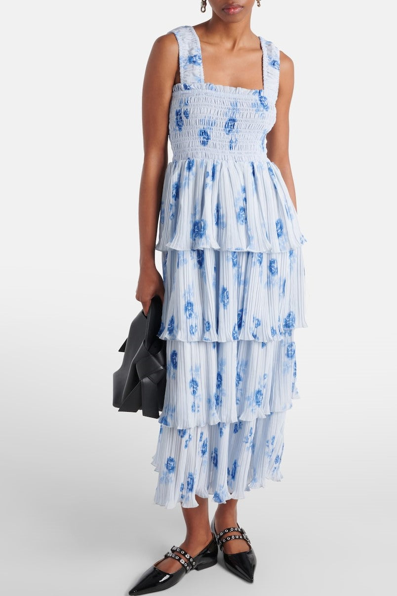 Off-shoulder Frill Smocking Midi Dress