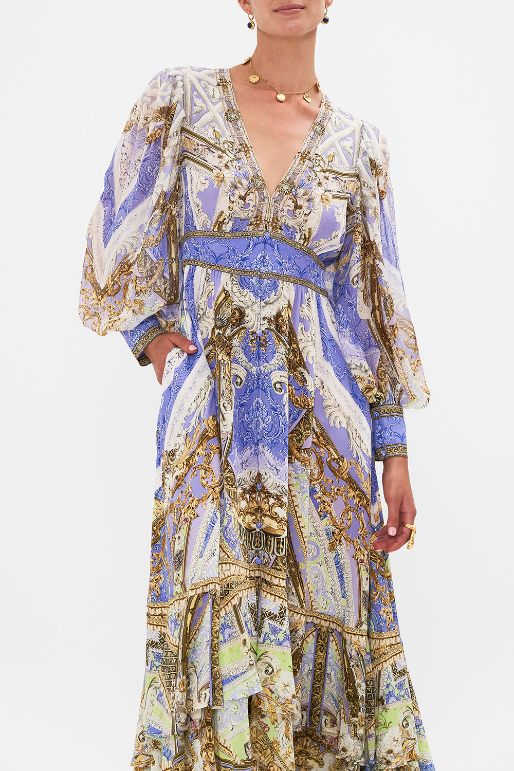 Palace Print V-neck Long Sleeve Maxi Dress