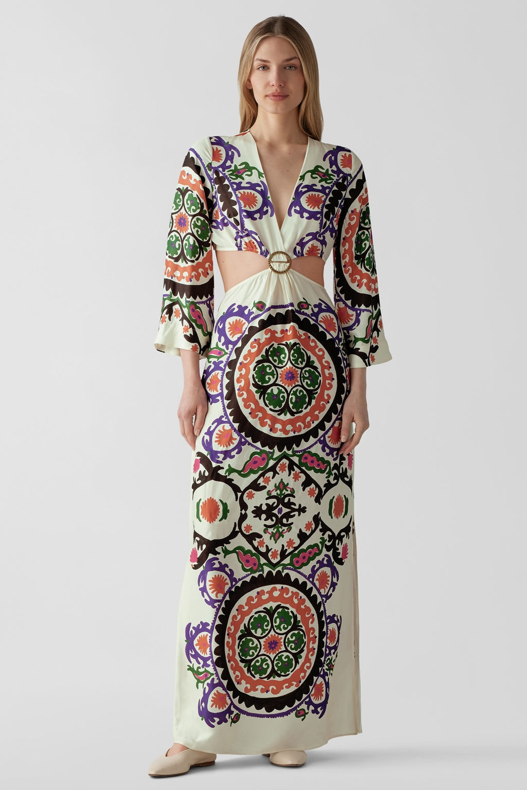 Paisley Print Long Sleeve Cut-out Midi Dress