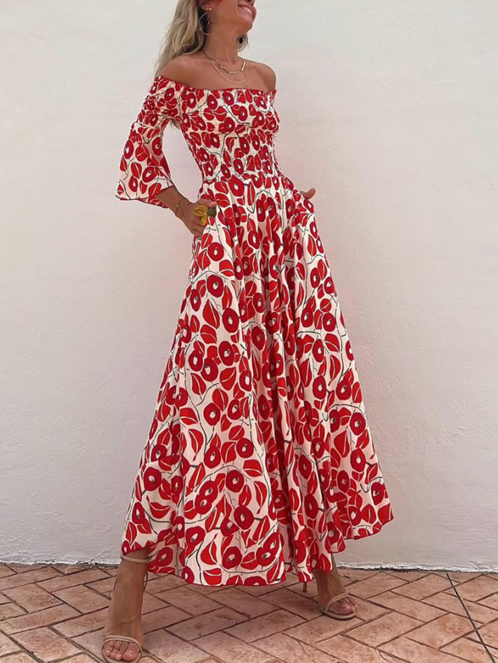 Print Smocked Off Shoulder Pocketed Maxi Dress