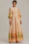 Botanical Print Long Sleeve Midi Dress With Belt