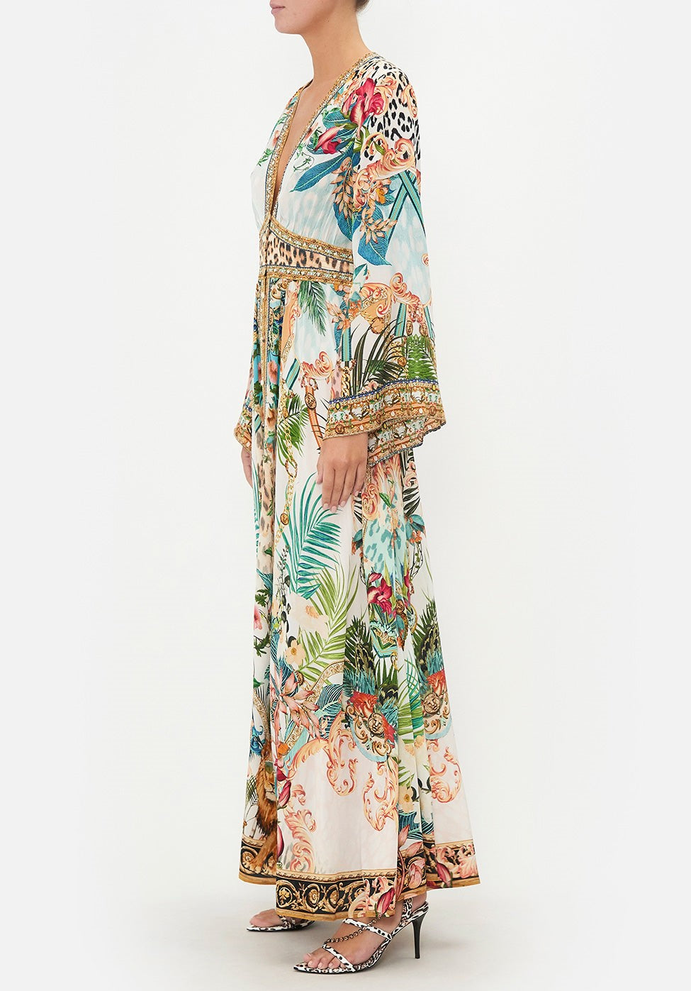 Botanical Print V-neck Long Sleeve Maxi Dress