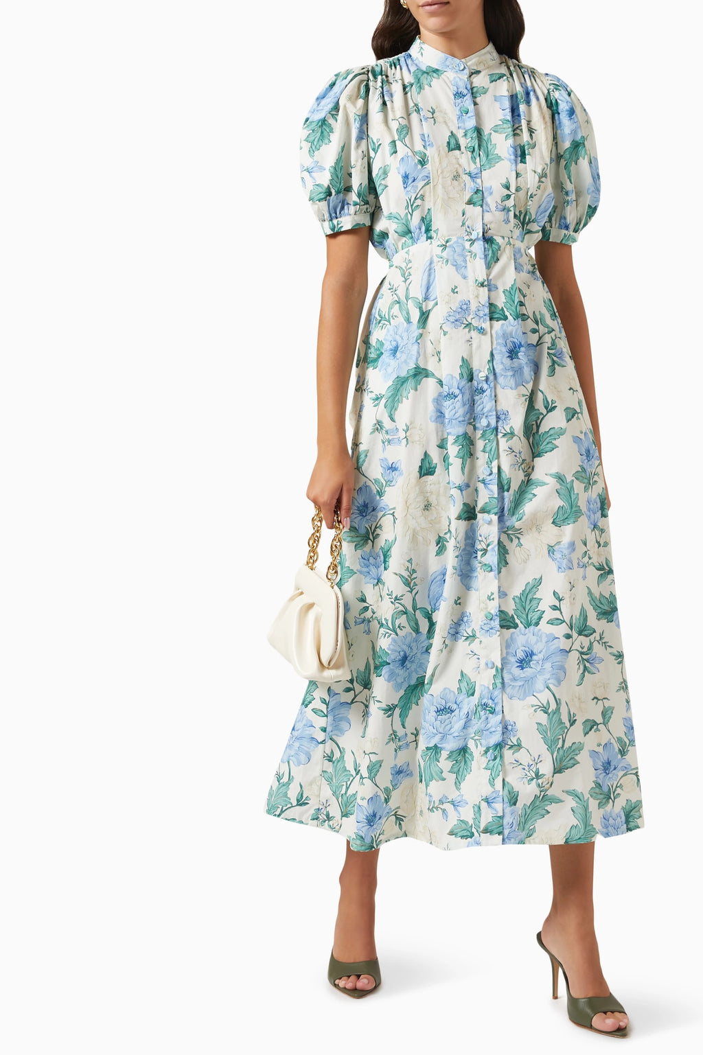 Single Breasted Puff-sleeve Midi Dress With Belt
