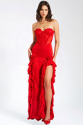 Red Satin Lace Corset Maxi Dress