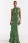 Emerald Reed Print Halter Neck Sleeveless Maxi Dress