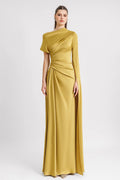 Satin Asymmetrical Neckline Draped Maxi Dress