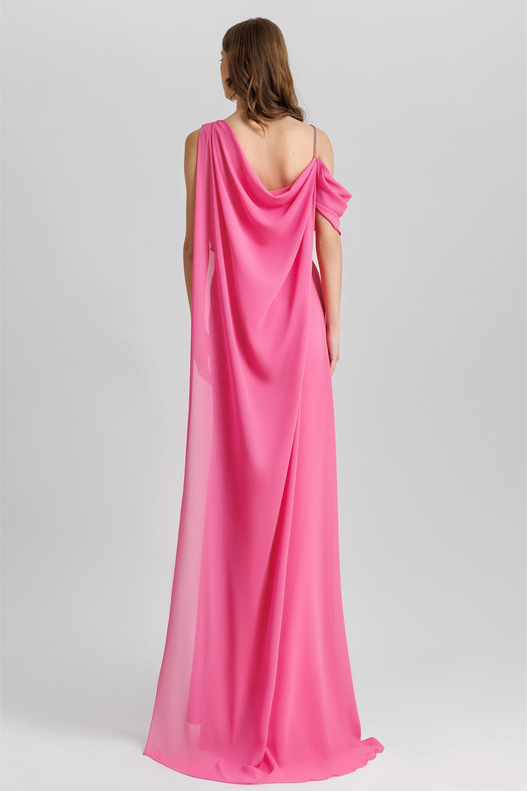 Satin Chiffon Cape Gathering Maxi Dress