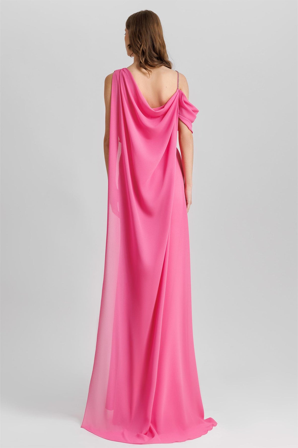 Satin Chiffon Cape Gathering Maxi Dress