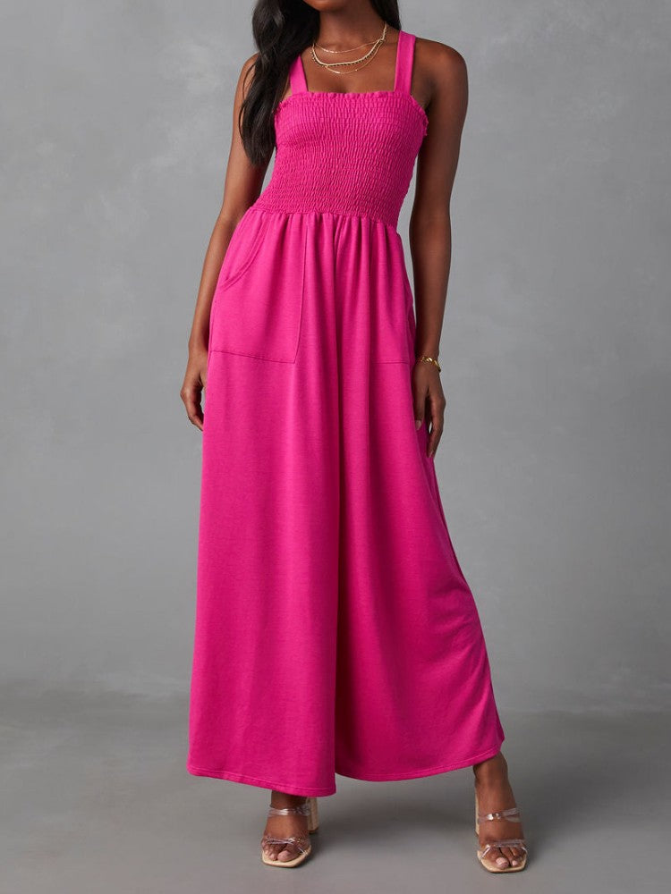 Smocked Pocketed Jumpsuit in Barbie Powder