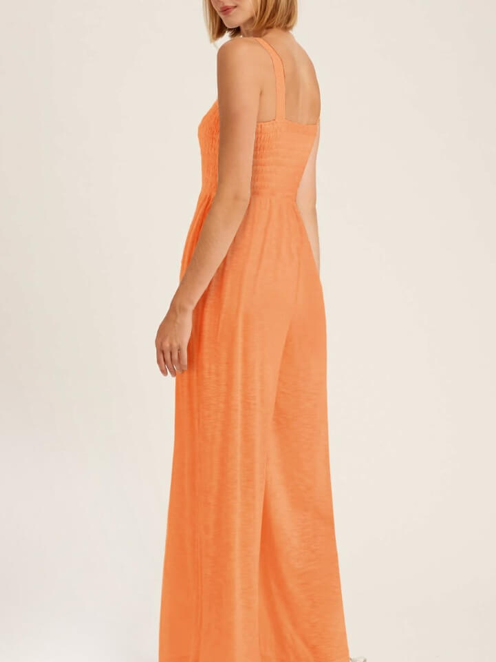 Smocked Pocketed Jumpsuit in Tangerine