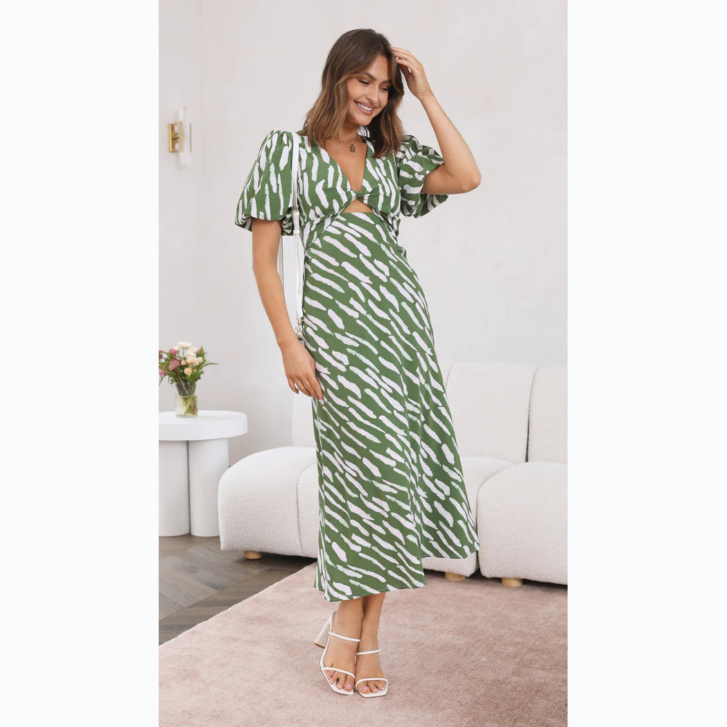 Printed V-neck A-line Midi Dress for a Fresh Style