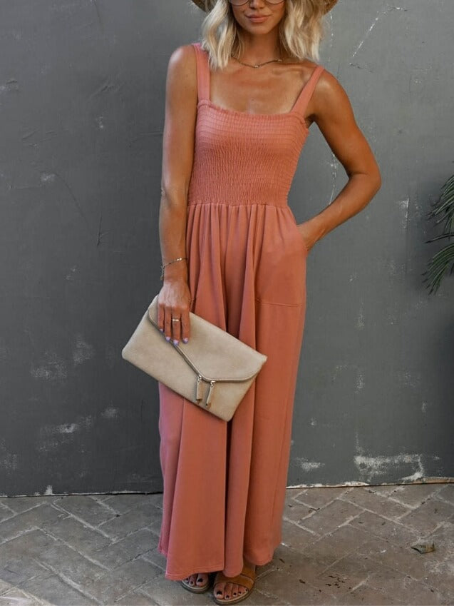 Smocked Pocketed Jumpsuit in Orenge