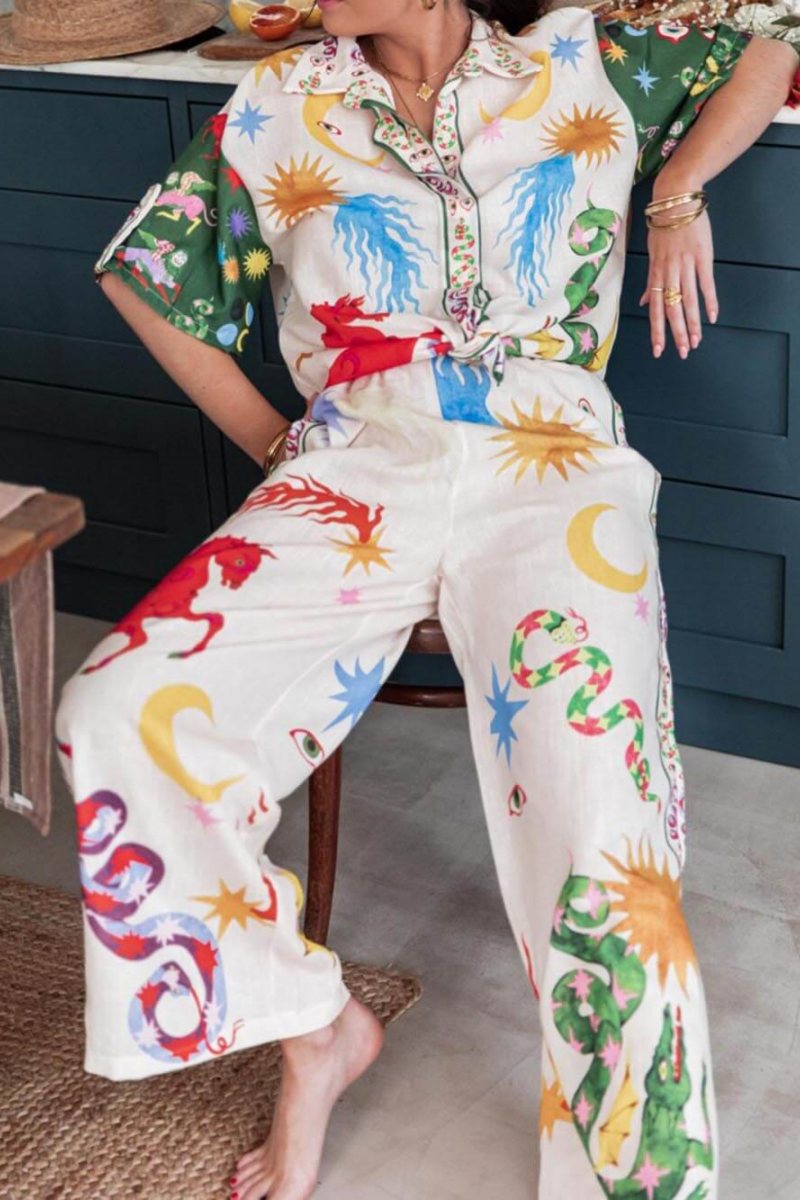 Unique Print Short Sleeve Loose Shirt and Elastic Waist Pants Set