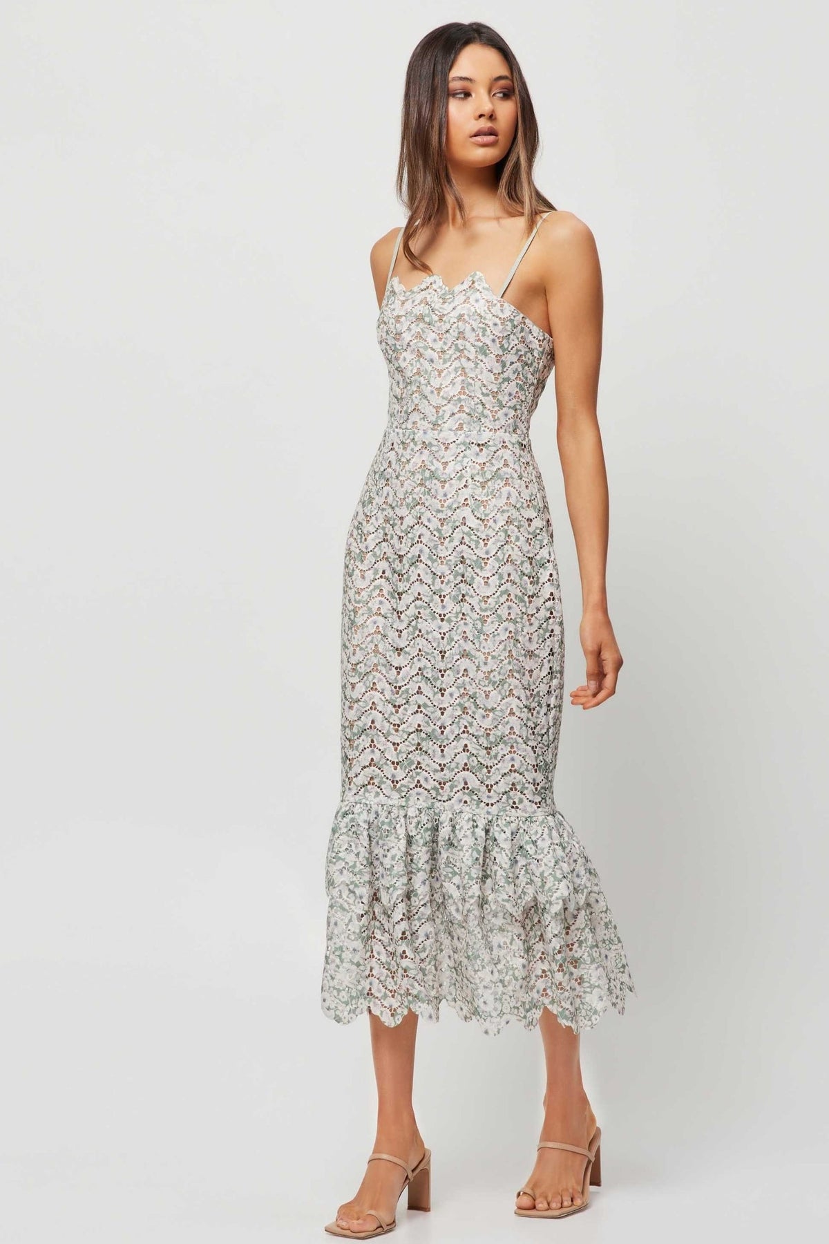 Wavy Line Lace Sleeveless Midi Dress