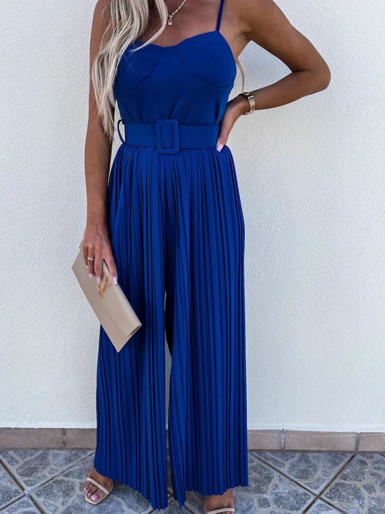 Strappy Jumpsuit With Wide Leg Pleated Detail in Cobalt Blue