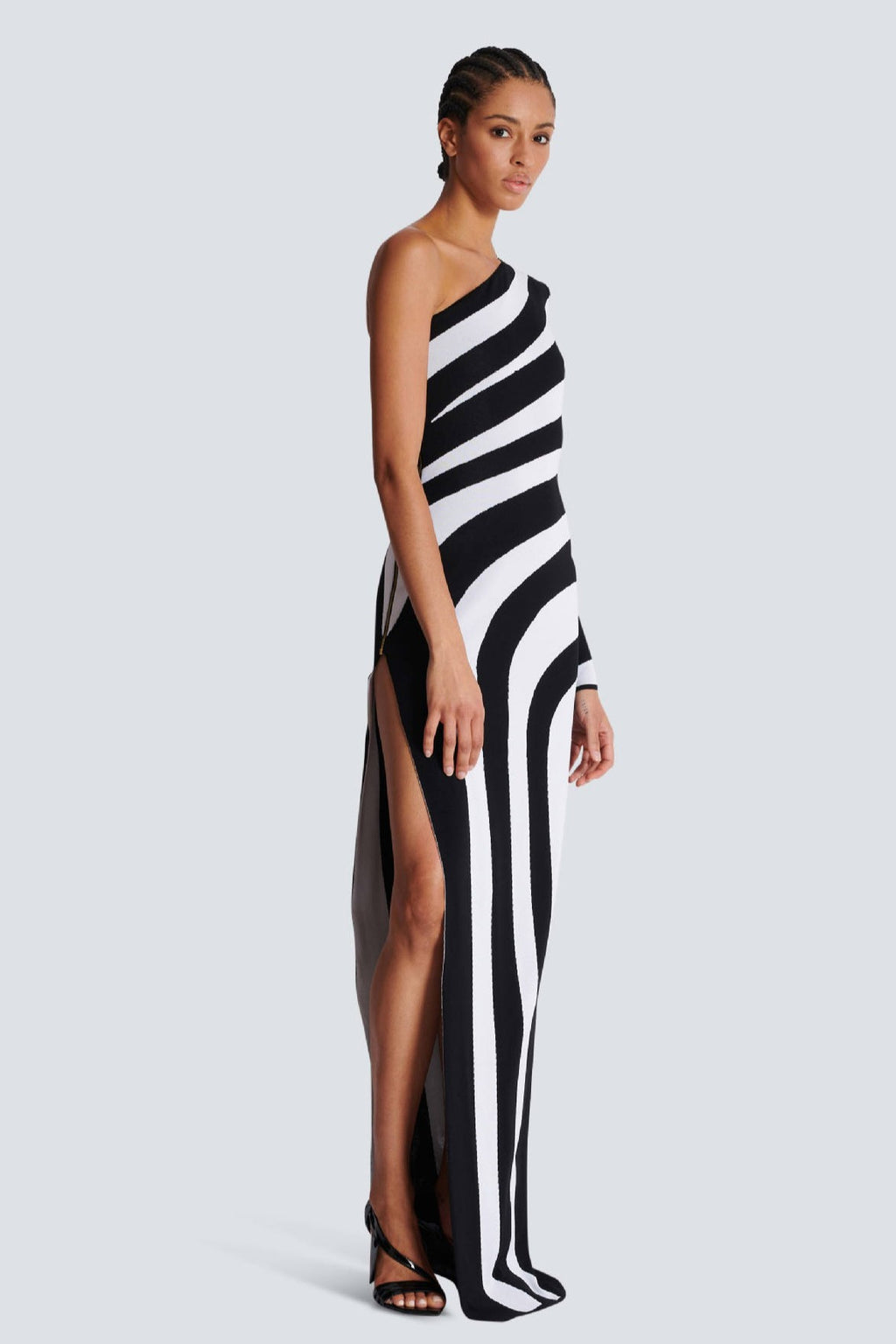 Stripe Knit One-shoulder Midi Dress