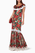 Lace Frill Round Neck Midi Dress