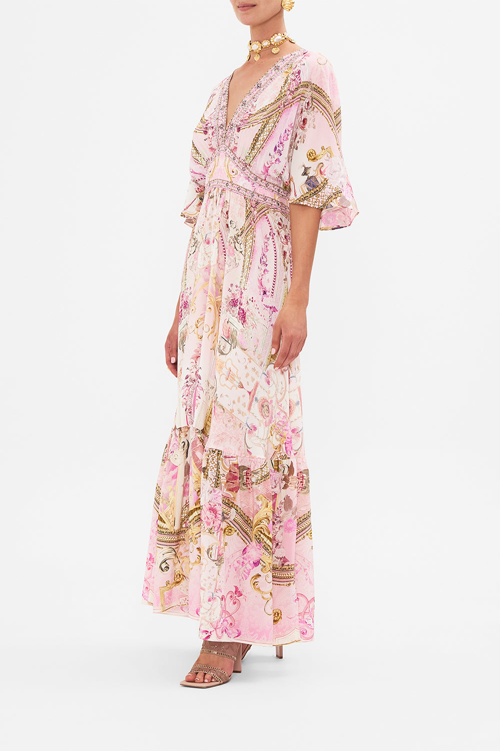 Palace Print Rhinestone V-neck Midi Dress