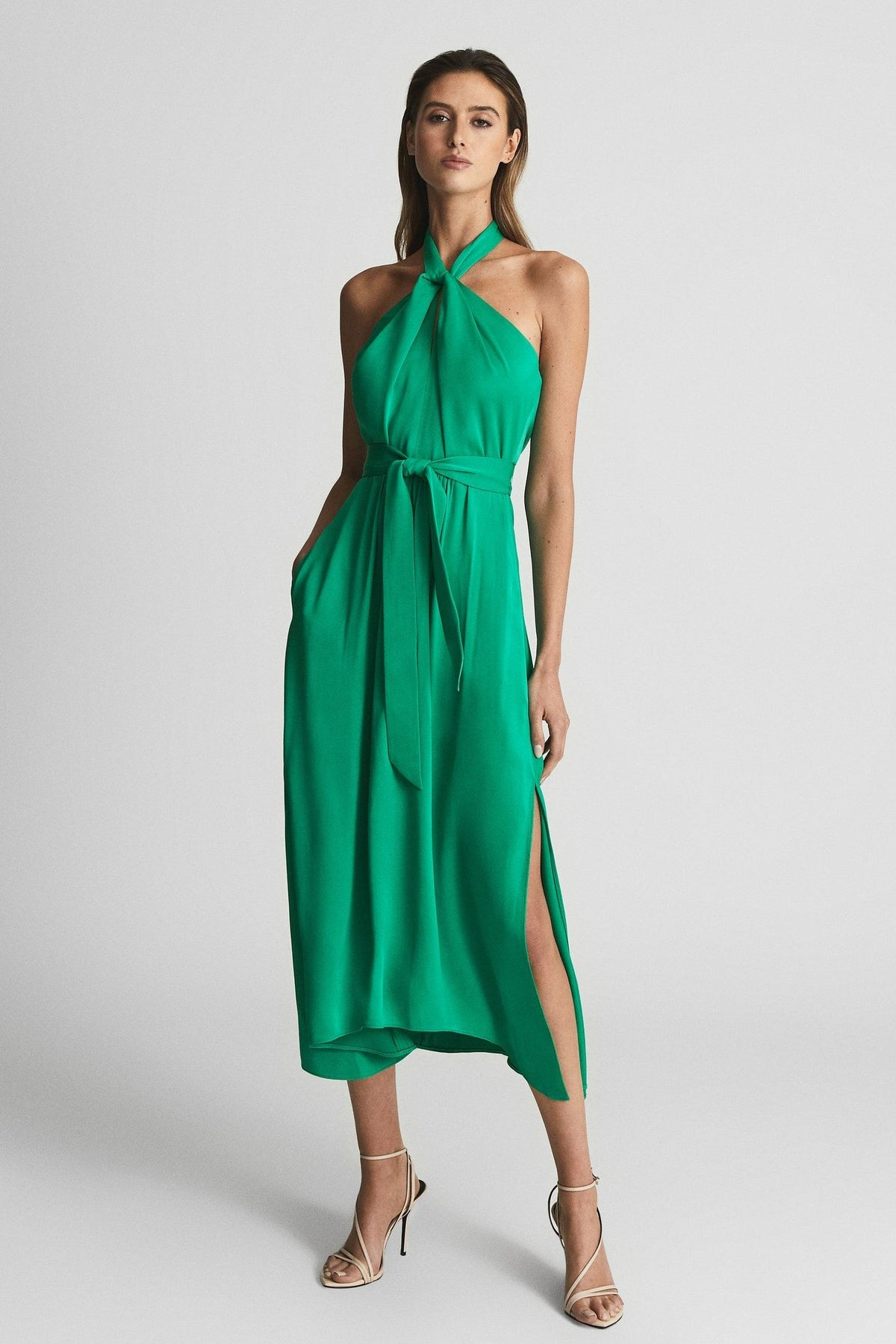 Sleeveless Lace Up Slit Halter Neck Midi Dress Green