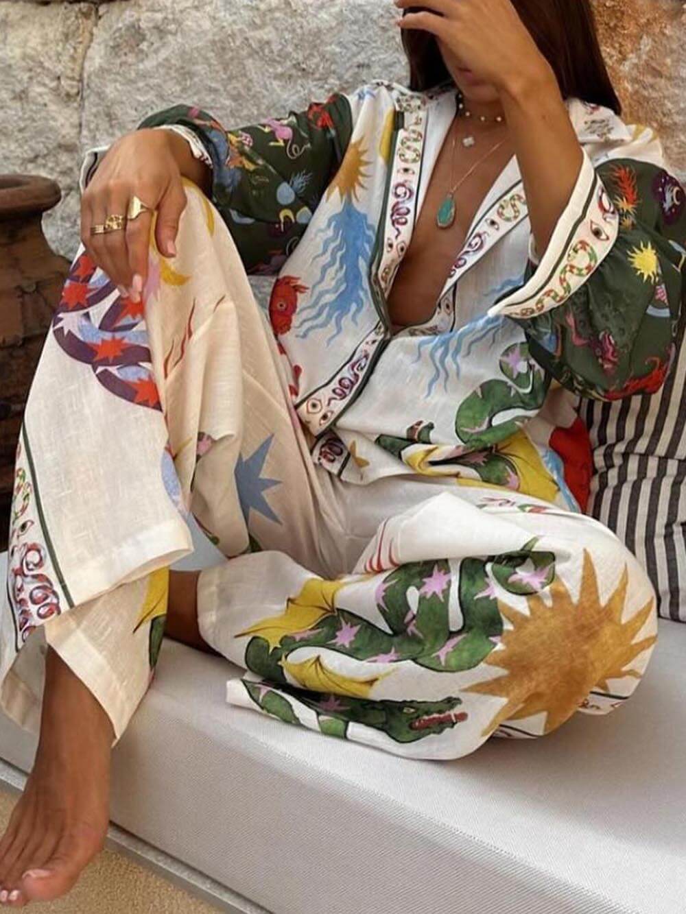 Printed Long Sleeve Shirt and Loose Pants Set