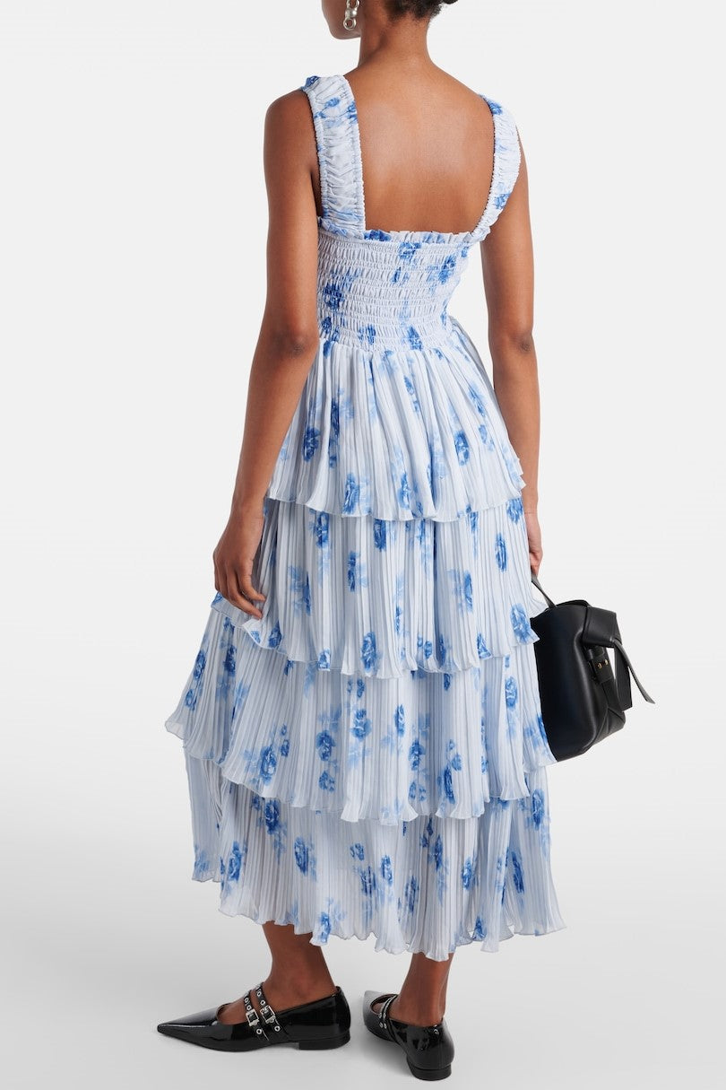 Off-shoulder Frill Smocking Midi Dress